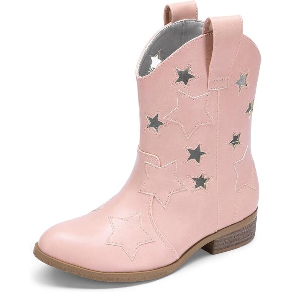 Girls Pink Cowgirl Mid Calf Glitter Western Boots Toddler Star Riding Shoes - Picture 1 of 5